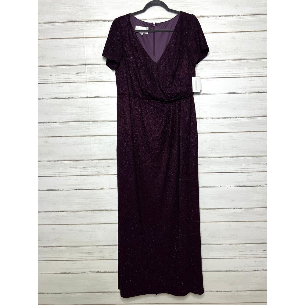Oleg Cassini Plum Shimmer V-Neck Short Sleeve Formal Gown Dress Size 16W